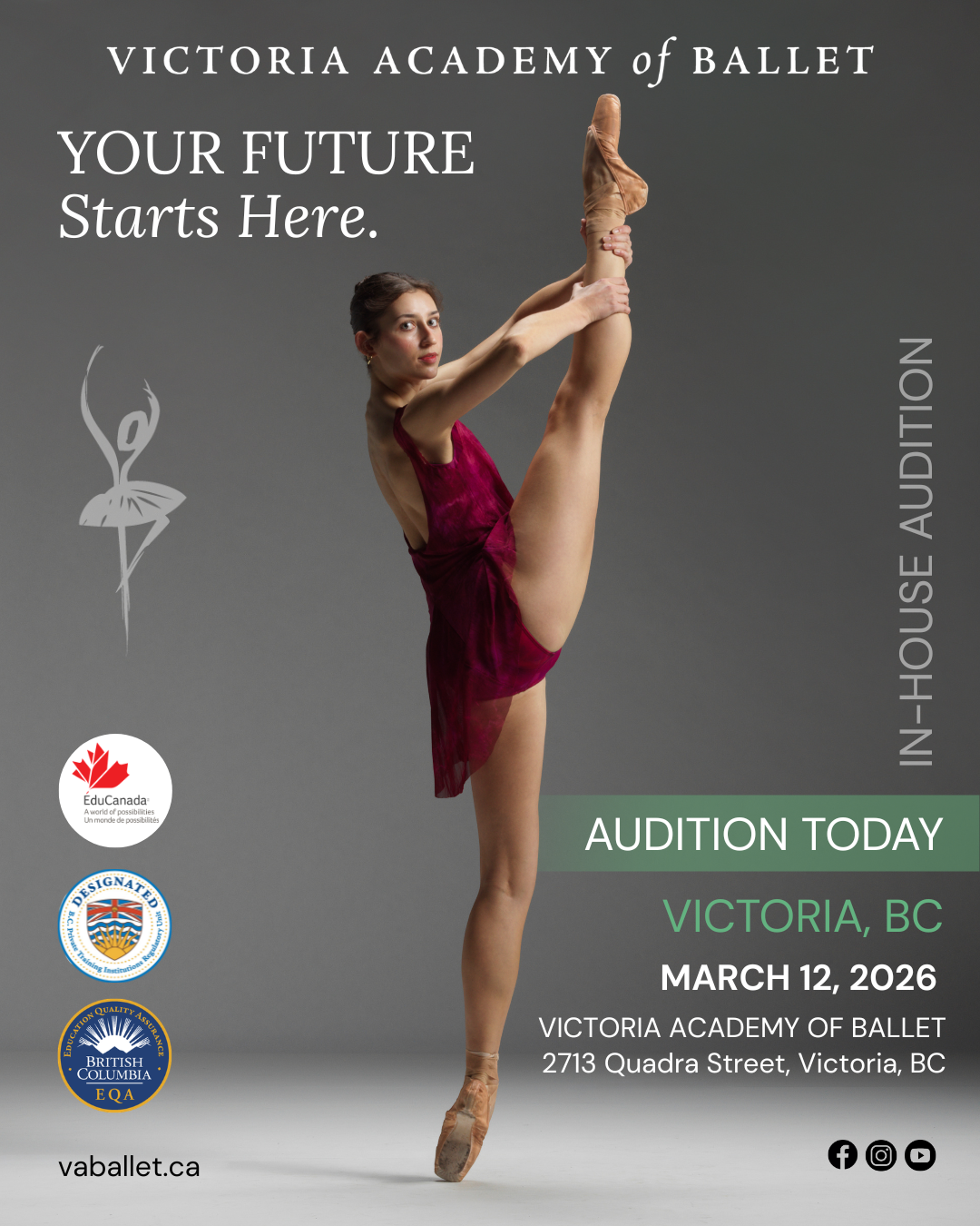 A ballet dancer mid-leap in a lavender costume performing en pointe against a grey background, promoting Victoria Academy of Ballet auditions in Vancouver, British Columbia on February 27, 2026 at the Scotiabank Dance Centre.