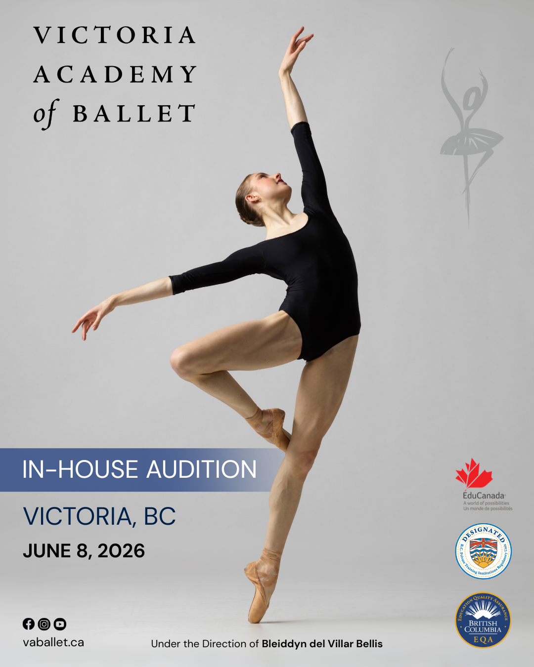 Ballet dancer performing a grand jeté in a burgundy leotard, promoting the Victoria Academy of Ballet Zoom Audition on Saturday, March 28, 2026 at 3:30 PM PST.