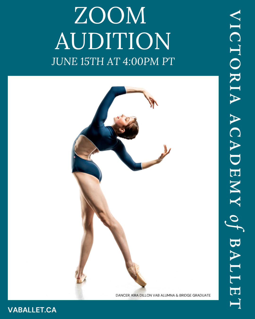 Ballet dancer performing a grand jeté in a burgundy leotard, promoting the Victoria Academy of Ballet Zoom Audition on Saturday, March 28, 2026 at 3:30 PM PST.